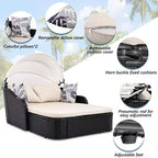 Transat d'extérieur CLIHOME avec auvent réglable, double chaise longue, lit de repos en rotin PE, osier et coussin noirs.
