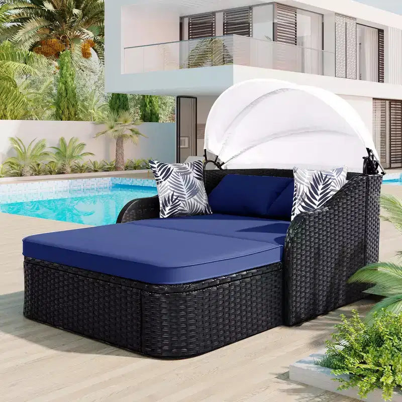 Transat d'extérieur CLIHOME avec auvent réglable, double chaise longue, lit de repos en rotin PE, osier et coussin noirs.