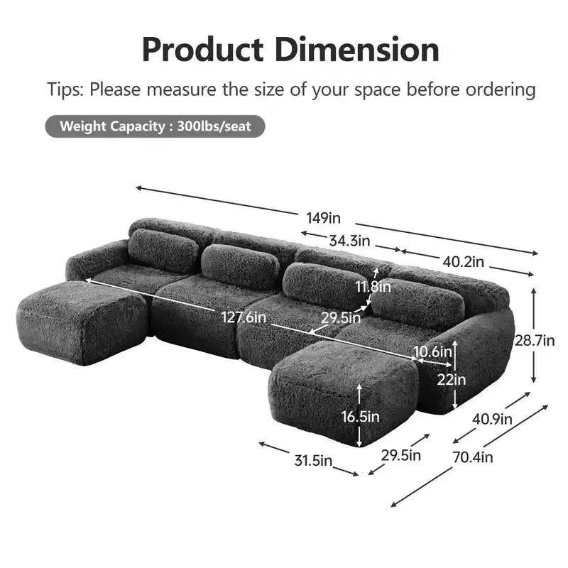Canapé sans accoudoirs en forme de U, éponge haute densité 32D, fond antidérapant, aucun assemblage requis, conception ergonomique, combinaison libre, emballage sous vide pour salons/bureaux