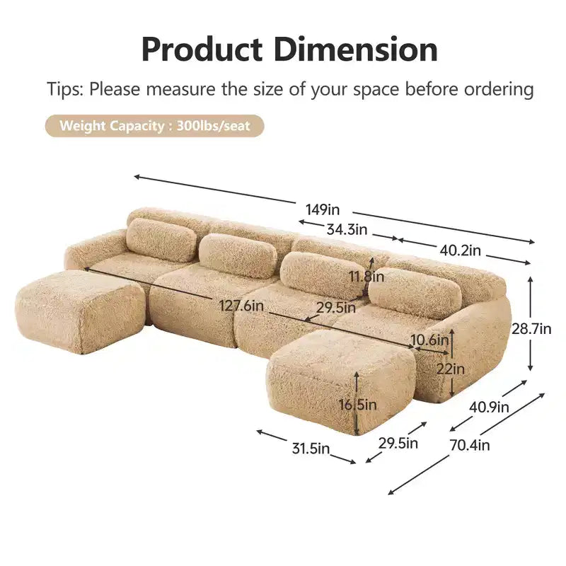 Canapé sans accoudoirs en forme de U, éponge haute densité 32D, fond antidérapant, aucun assemblage requis, conception ergonomique, combinaison libre, emballage sous vide pour salons/bureaux