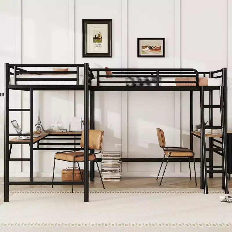 Lit mezzanine en métal double Clihome avec deux bureaux intégrés