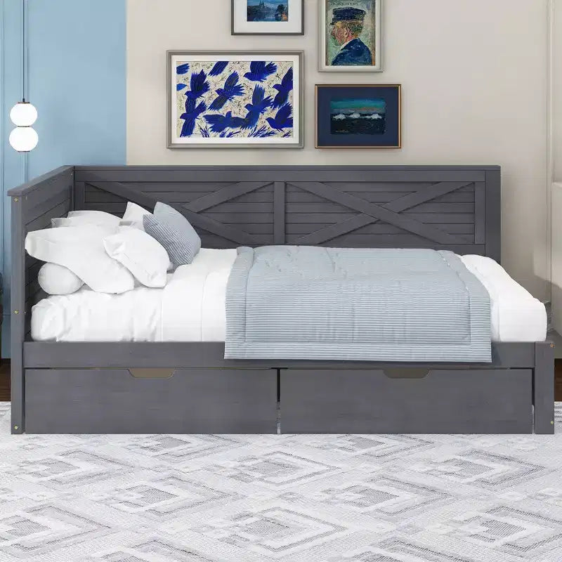 Lit de repos double en bois Clihome avec 2 tiroirs et garde-corps rustique
