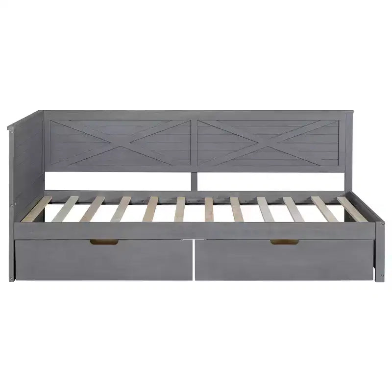 Lit de repos double en bois Clihome avec 2 tiroirs et garde-corps rustique