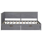 Lit de repos double en bois Clihome avec 2 tiroirs et garde-corps rustique