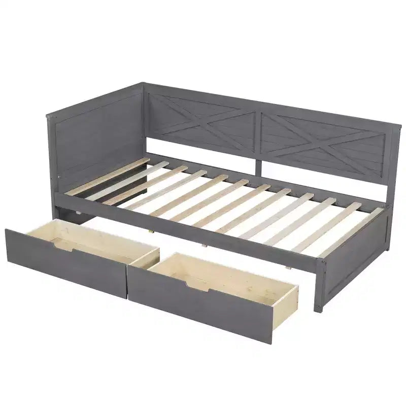 Lit de repos double en bois Clihome avec 2 tiroirs et garde-corps rustique