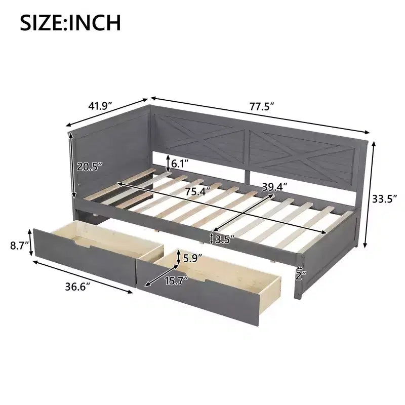 Lit de repos double en bois Clihome avec 2 tiroirs et garde-corps rustique