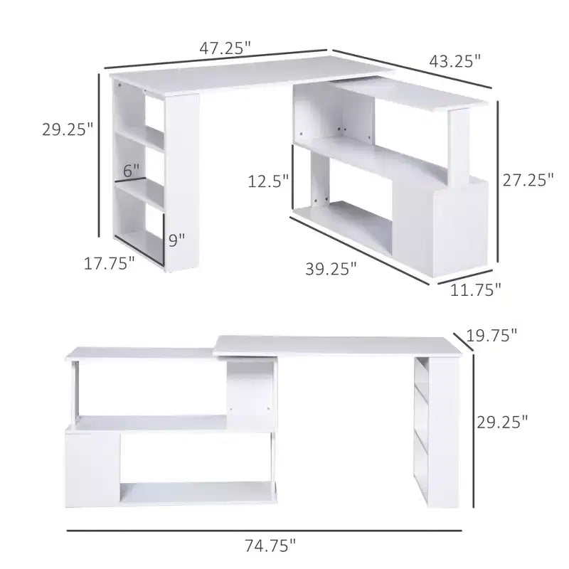 Bureau d'angle en forme de L rotatif avec étagères, gain de place et rangement