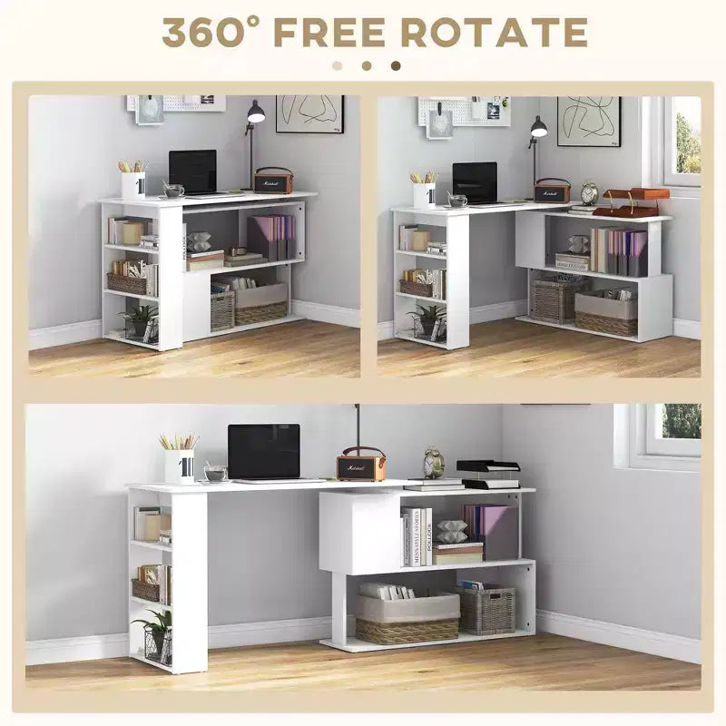 Bureau d'angle en forme de L rotatif avec étagères, gain de place et rangement