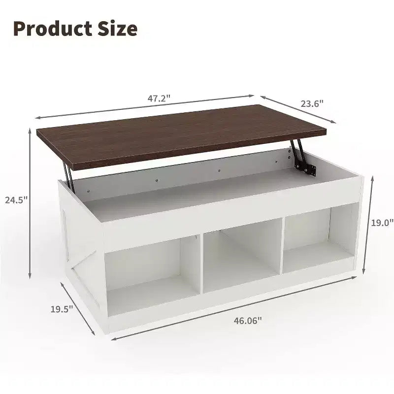 Table basse élégante avec dessus relevable à mouvement doux | Rangement caché et étagère amovible, design rustique bois-métal, montage facile
