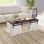 Table basse élégante avec dessus relevable à mouvement doux | Rangement caché et étagère amovible, design rustique bois-métal, montage facile