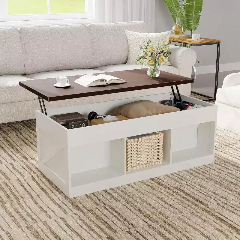 Table basse élégante avec dessus relevable à mouvement doux | Rangement caché et étagère amovible, design rustique bois-métal, montage facile