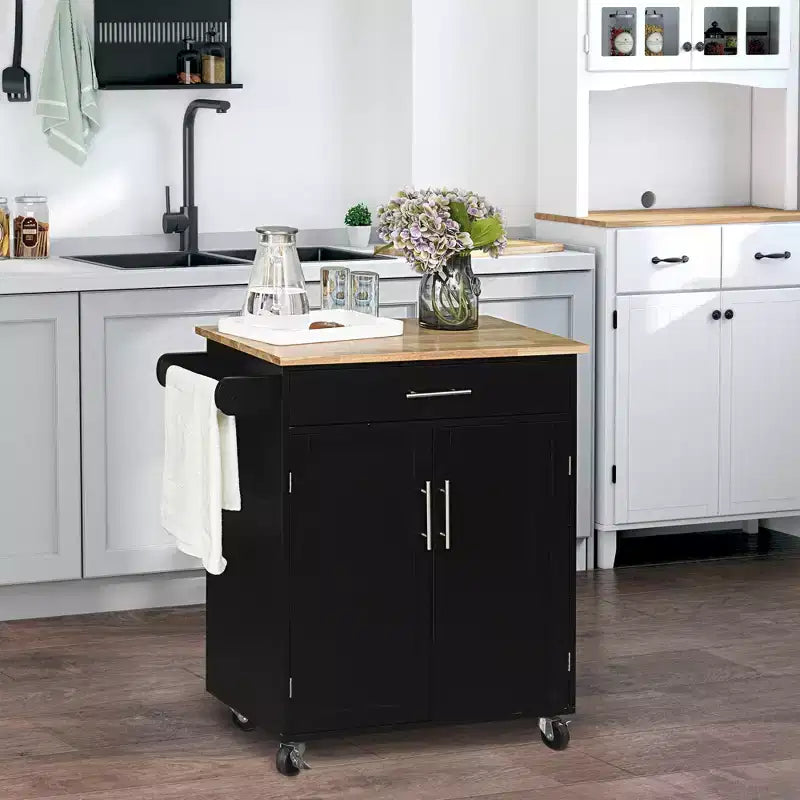 Îlot de cuisine FAMYYT en placage de bois de caoutchouc noir de 56 po avec étagère réglable, étagères à 1 porte, 4 roulettes avec tiroirs profonds