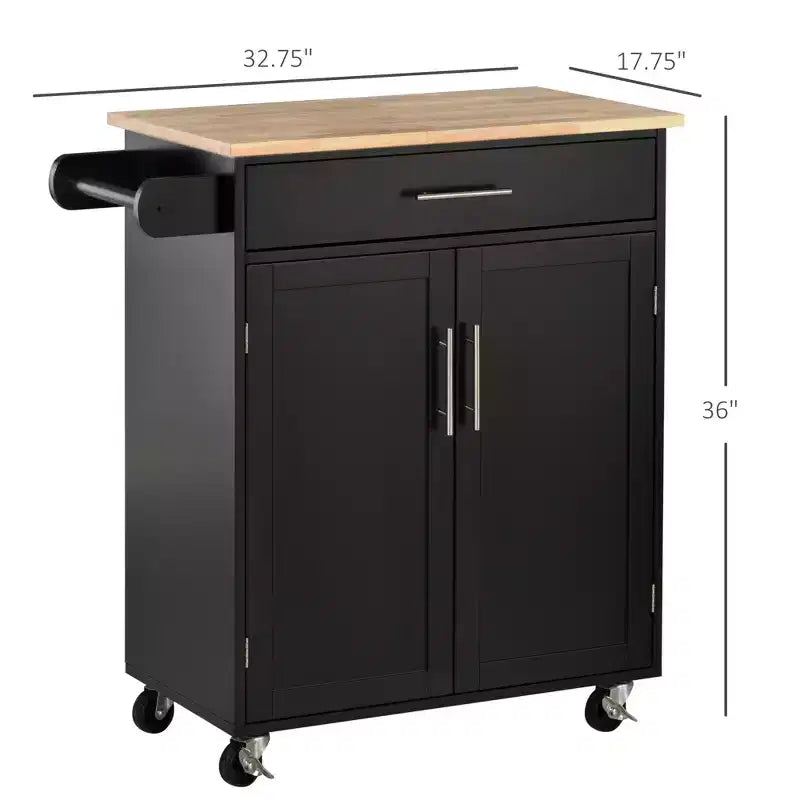 Îlot de cuisine FAMYYT en placage de bois de caoutchouc noir de 56 po avec étagère réglable, étagères à 1 porte, 4 roulettes avec tiroirs profonds