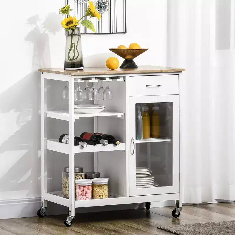 FAMYYT Dessus en bois de bambou blanc Îlot de cuisine de 48 cm avec casier à vin pour 4 bouteilles, Chariot de bar avec porte-verres à pied, Tiroir et placard