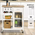 FAMYYT Dessus en bois de bambou blanc Îlot de cuisine de 48 cm avec casier à vin pour 4 bouteilles, Chariot de bar avec porte-verres à pied, Tiroir et placard