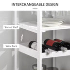 FAMYYT Dessus en bois de bambou blanc Îlot de cuisine de 48 cm avec casier à vin pour 4 bouteilles, Chariot de bar avec porte-verres à pied, Tiroir et placard