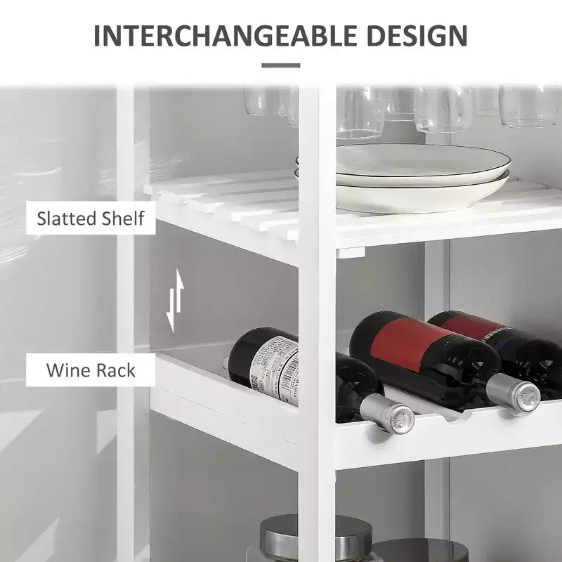 FAMYYT Dessus en bois de bambou blanc Îlot de cuisine de 48 cm avec casier à vin pour 4 bouteilles, Chariot de bar avec porte-verres à pied, Tiroir et placard