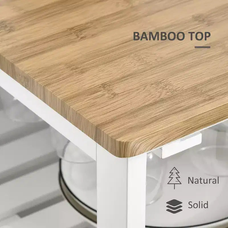 FAMYYT Dessus en bois de bambou blanc Îlot de cuisine de 48 cm avec casier à vin pour 4 bouteilles, Chariot de bar avec porte-verres à pied, Tiroir et placard