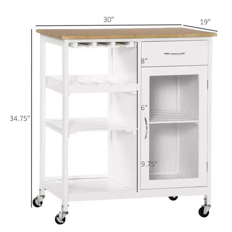 FAMYYT Dessus en bois de bambou blanc Îlot de cuisine de 48 cm avec casier à vin pour 4 bouteilles, Chariot de bar avec porte-verres à pied, Tiroir et placard