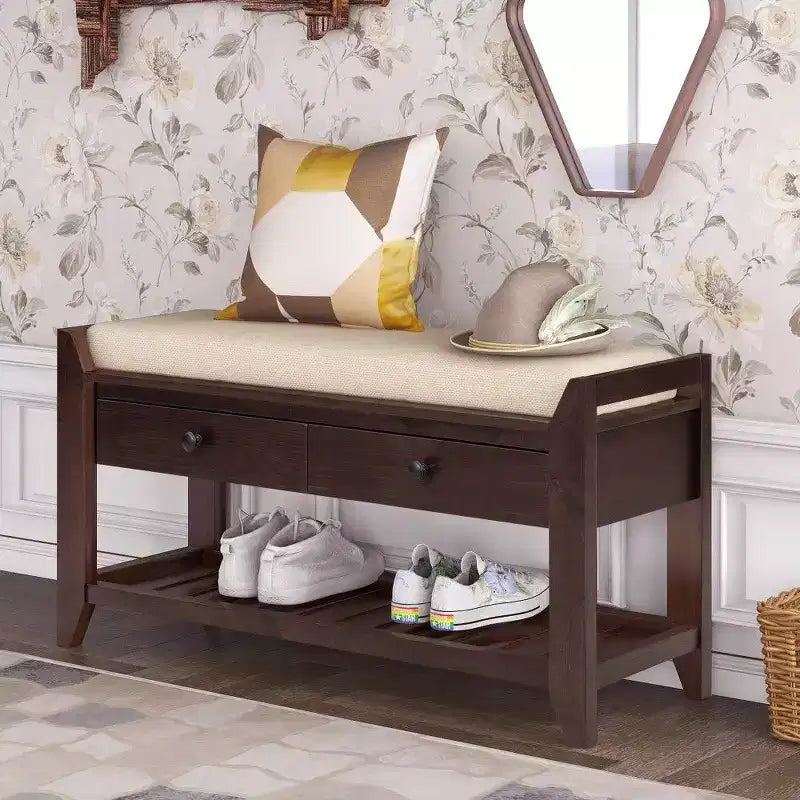 Banc de rangement pour chaussures en bois massif TUYOHW avec 2 tiroirs et coussin, organisateur d'entrée multifonctionnel avec base à grille, espresso