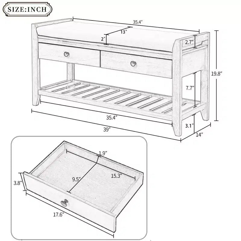 Banc de rangement pour chaussures en bois massif TUYOHW avec 2 tiroirs et coussin, organisateur d'entrée multifonctionnel avec base à grille, espresso