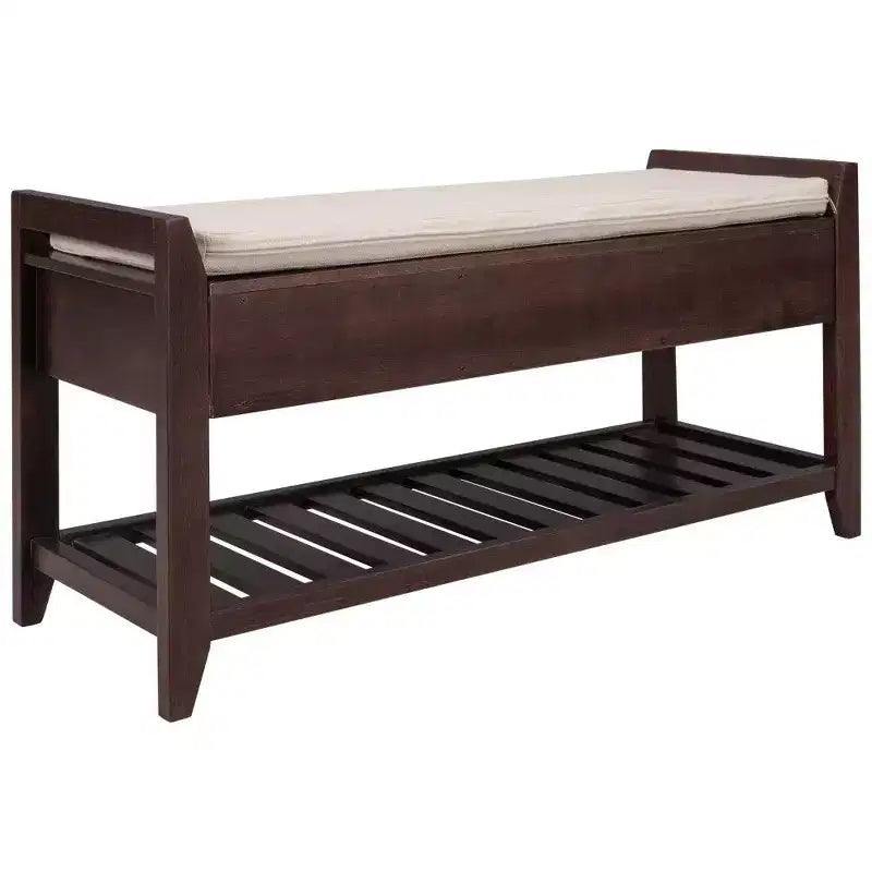 Banc de rangement pour chaussures en bois massif TUYOHW avec 2 tiroirs et coussin, organisateur d'entrée multifonctionnel avec base à grille, espresso