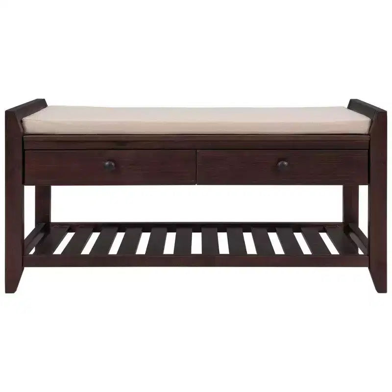 Banc de rangement pour chaussures en bois massif TUYOHW avec 2 tiroirs et coussin, organisateur d'entrée multifonctionnel avec base à grille, espresso