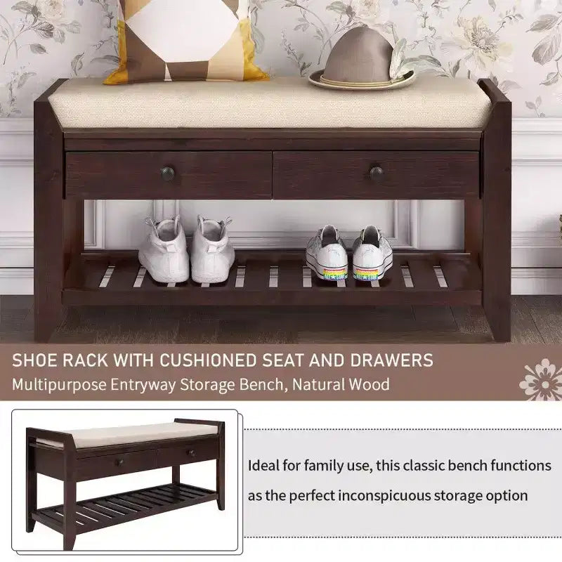 Banc de rangement pour chaussures en bois massif TUYOHW avec 2 tiroirs et coussin, organisateur d'entrée multifonctionnel avec base à grille, espresso