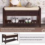 Banc de rangement pour chaussures en bois massif TUYOHW avec 2 tiroirs et coussin, organisateur d'entrée multifonctionnel avec base à grille, espresso