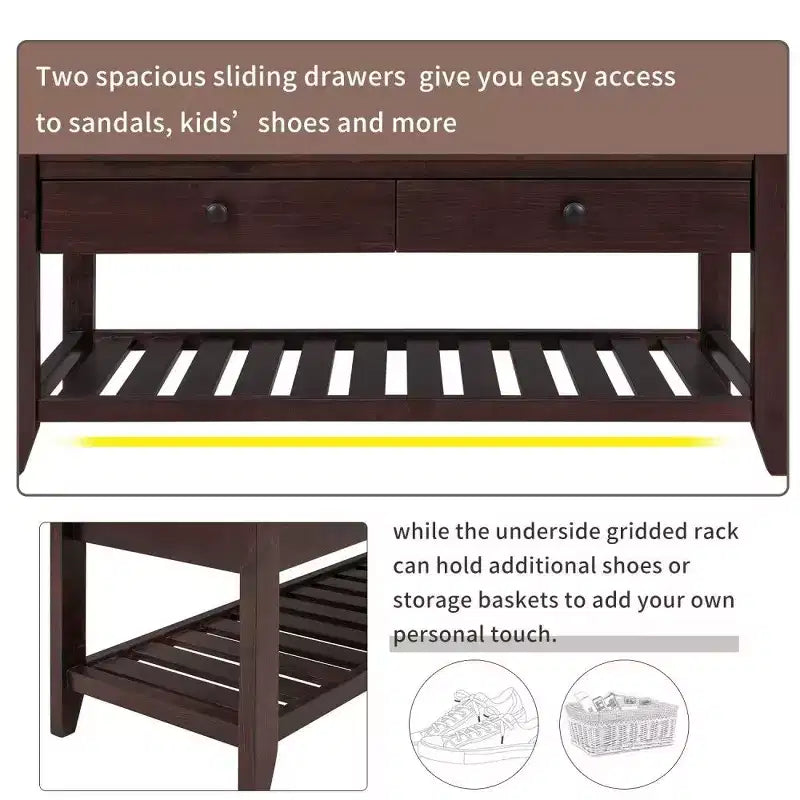 Banc de rangement pour chaussures en bois massif TUYOHW avec 2 tiroirs et coussin, organisateur d'entrée multifonctionnel avec base à grille, espresso
