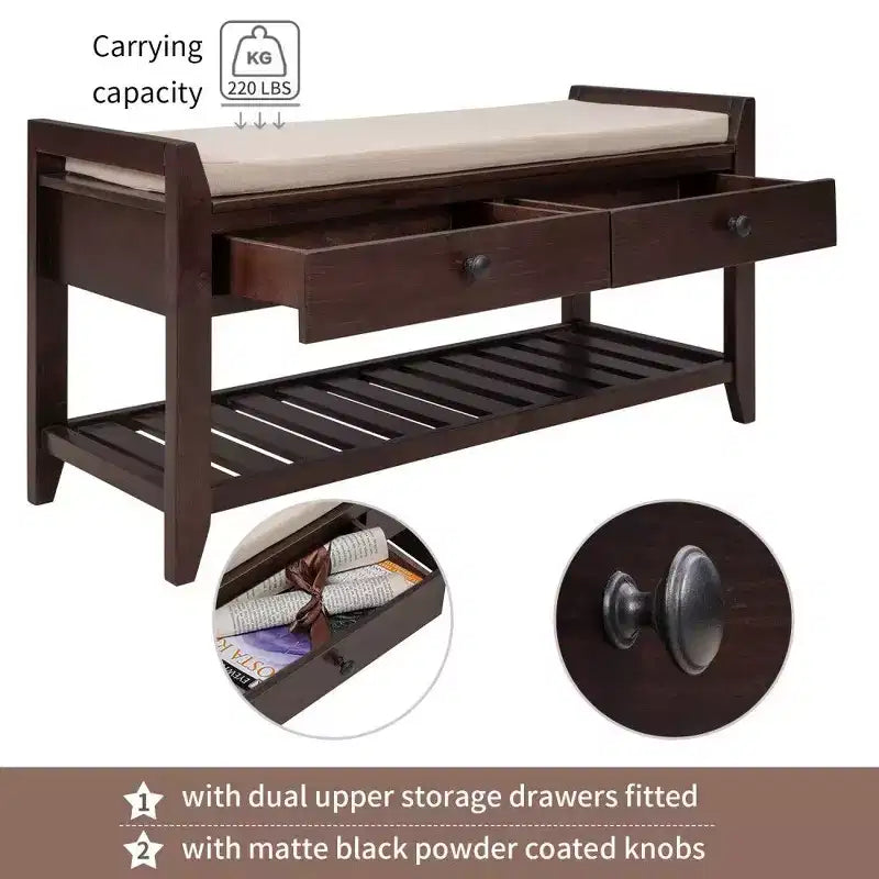 Banc de rangement pour chaussures en bois massif TUYOHW avec 2 tiroirs et coussin, organisateur d'entrée multifonctionnel avec base à grille, espresso
