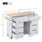 Chariot de cuisine îlot roulant FAMYYT en bois d'hévéa blanc avec plan de travail de 53 pouces, 8 tiroirs sans poignée et 5 roulettes
