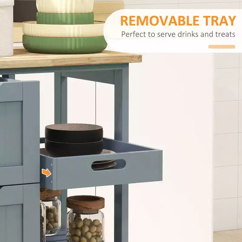 FAMYYT Îlot de cuisine gris en bois d'hévéa avec 3 tiroirs, 1 plateau de service et 2 étagères à lattes, 36,8 cm