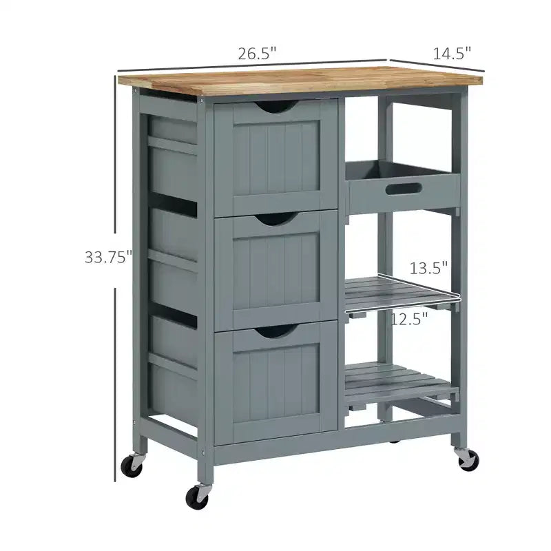 FAMYYT Îlot de cuisine gris en bois d'hévéa avec 3 tiroirs, 1 plateau de service et 2 étagères à lattes, 36,8 cm