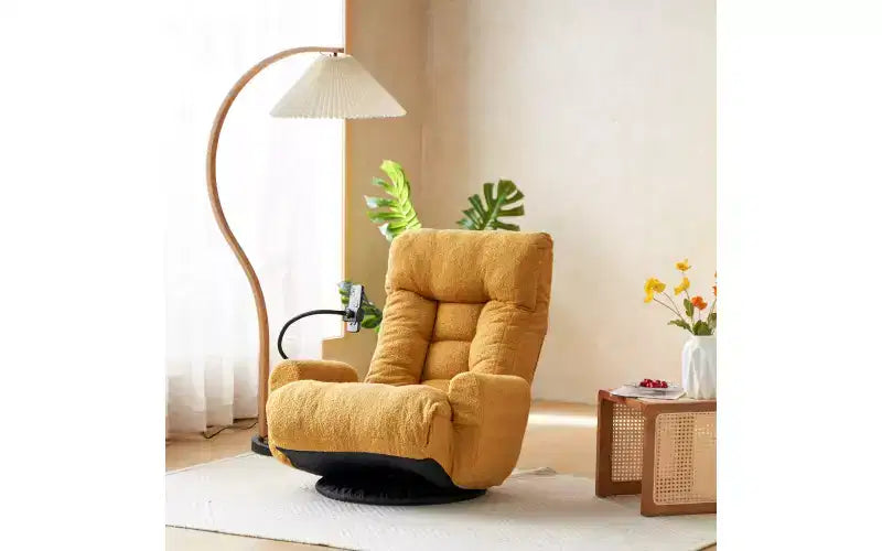 Chaise de jeu au sol, fauteuil de sol pivotant avec accoudoirs et support de téléphone, fauteuil de jeu inclinable pliant réglable sur 5 positions