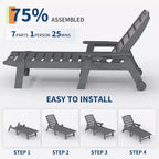 Chaise longue de patio 5 positions pour l'extérieur, chaise longue d'extérieur en HDPE avec porte-gobelet, chaise longue de piscine en résine avec roulettes