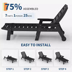 Chaise longue de patio 5 positions pour l'extérieur, chaise longue d'extérieur en HDPE avec porte-gobelet, chaise longue de piscine en résine avec roulettes