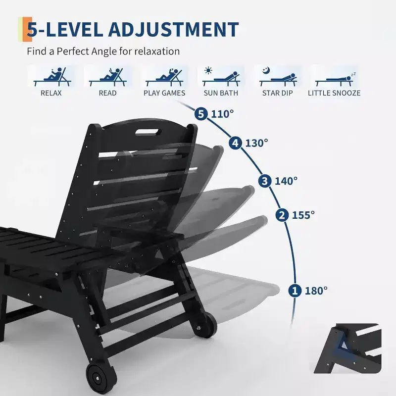 Chaise longue de patio 5 positions pour l'extérieur, chaise longue d'extérieur en HDPE avec porte-gobelet, chaise longue de piscine en résine avec roulettes