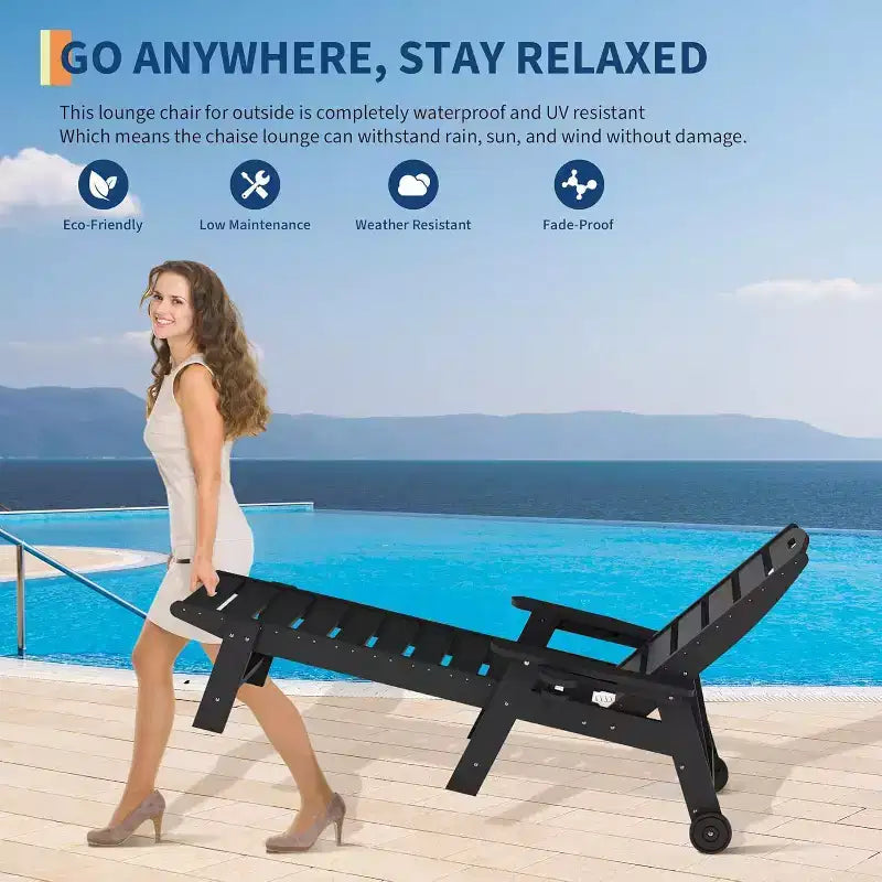Chaise longue de patio 5 positions pour l'extérieur, chaise longue d'extérieur en HDPE avec porte-gobelet, chaise longue de piscine en résine avec roulettes