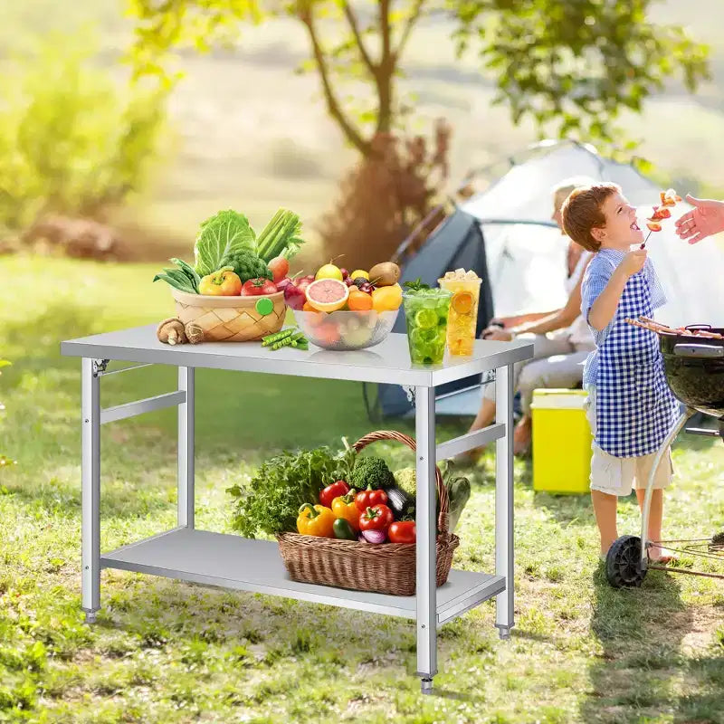 Table de préparation pliante en acier inoxydable - Établi robuste à deux niveaux avec étagère inférieure réglable - Roulettes verrouillables - Capacité de 204 à 417 kg