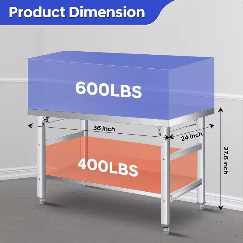 Table de préparation pliante en acier inoxydable - Établi robuste à deux niveaux avec étagère inférieure réglable - Roulettes verrouillables - Capacité de 204 à 417 kg