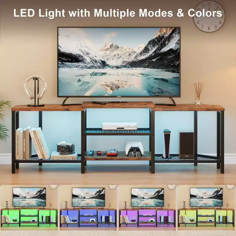 Meuble TV LED pour téléviseurs jusqu'à 75 pouces, meuble de divertissement de 170 cm avec prises de courant, étagères de rangement ouvertes, console TV