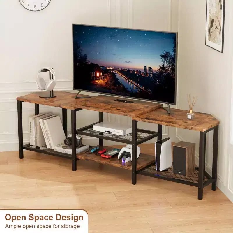 Meuble TV LED pour téléviseurs jusqu'à 75 pouces, meuble de divertissement de 170 cm avec prises de courant, étagères de rangement ouvertes, console TV
