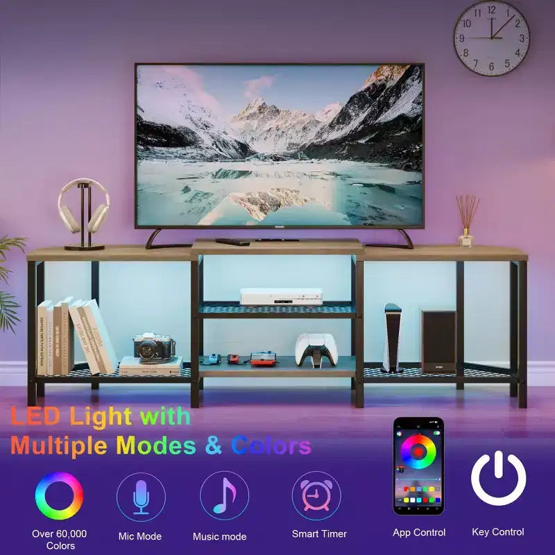 Meuble TV LED pour téléviseurs jusqu'à 75 pouces, meuble de divertissement de 170 cm avec prises de courant, étagères de rangement ouvertes, console TV