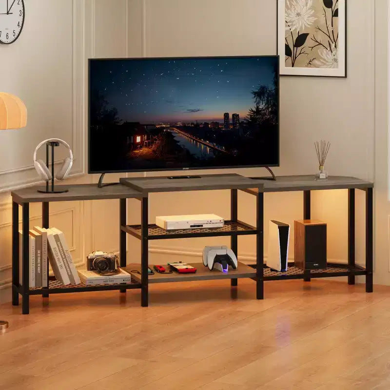Meuble TV LED pour téléviseurs jusqu'à 75 pouces, meuble de divertissement de 170 cm avec prises de courant, étagères de rangement ouvertes, console TV