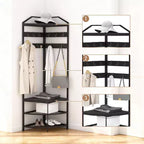 Porte-manteau d'angle avec rangement, arbre d'entrée simple avec étagères en maille, dispositifs anti-basculement, étagère à chaussures de rangement autoportante en métal, noir