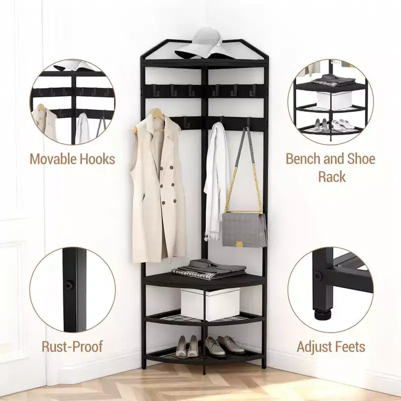 Porte-manteau d'angle avec rangement, arbre d'entrée simple avec étagères en maille, dispositifs anti-basculement, étagère à chaussures de rangement autoportante en métal, noir