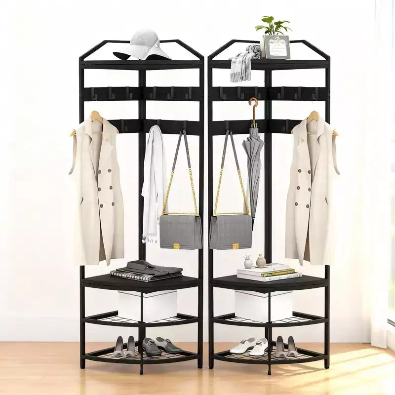 Porte-manteau d'angle avec rangement, arbre d'entrée simple avec étagères en maille, dispositifs anti-basculement, étagère à chaussures de rangement autoportante en métal, noir