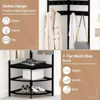 Porte-manteau d'angle avec rangement, arbre d'entrée simple avec étagères en maille, dispositifs anti-basculement, étagère à chaussures de rangement autoportante en métal, noir