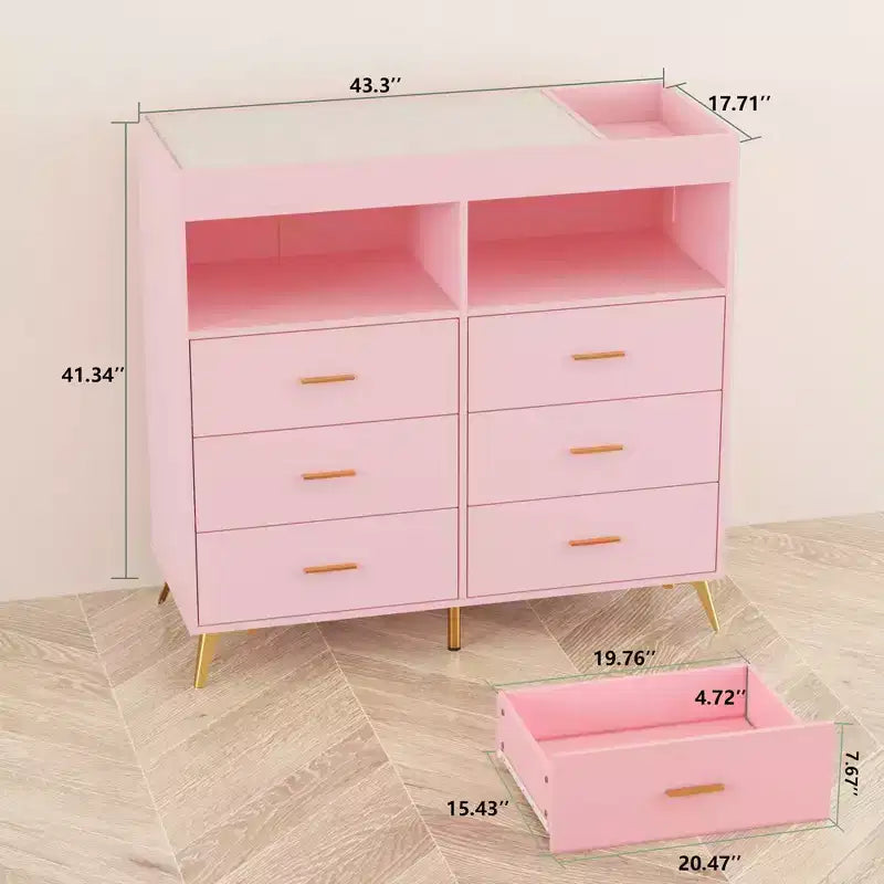Commode COZONY pour chambre à coucher avec plan à langer, commode à langer pour bébé à 6 tiroirs avec étagères ouvertes